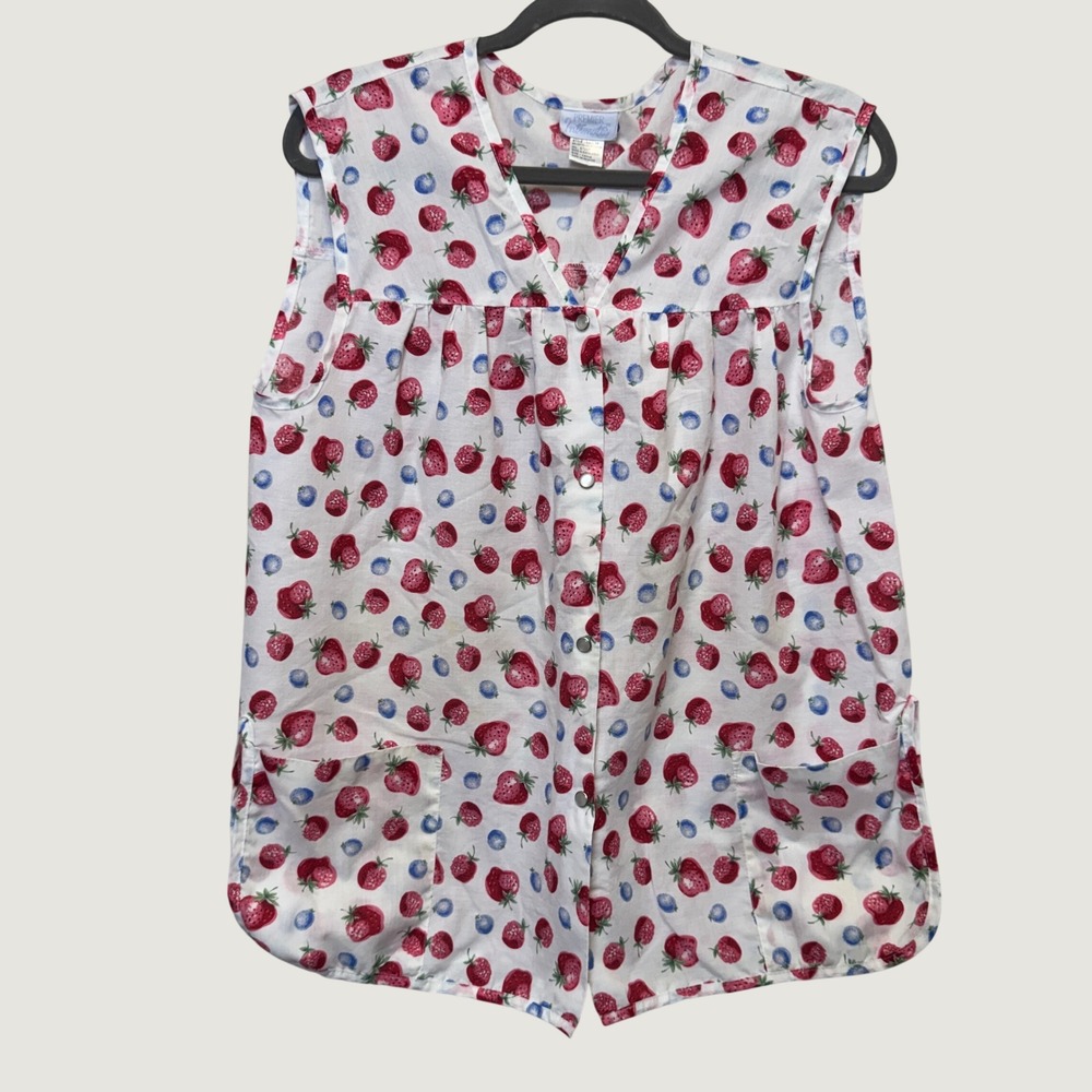Premier Intimates Smock Top L White Strawberry Fruit Pearl Snap Retro Apron
